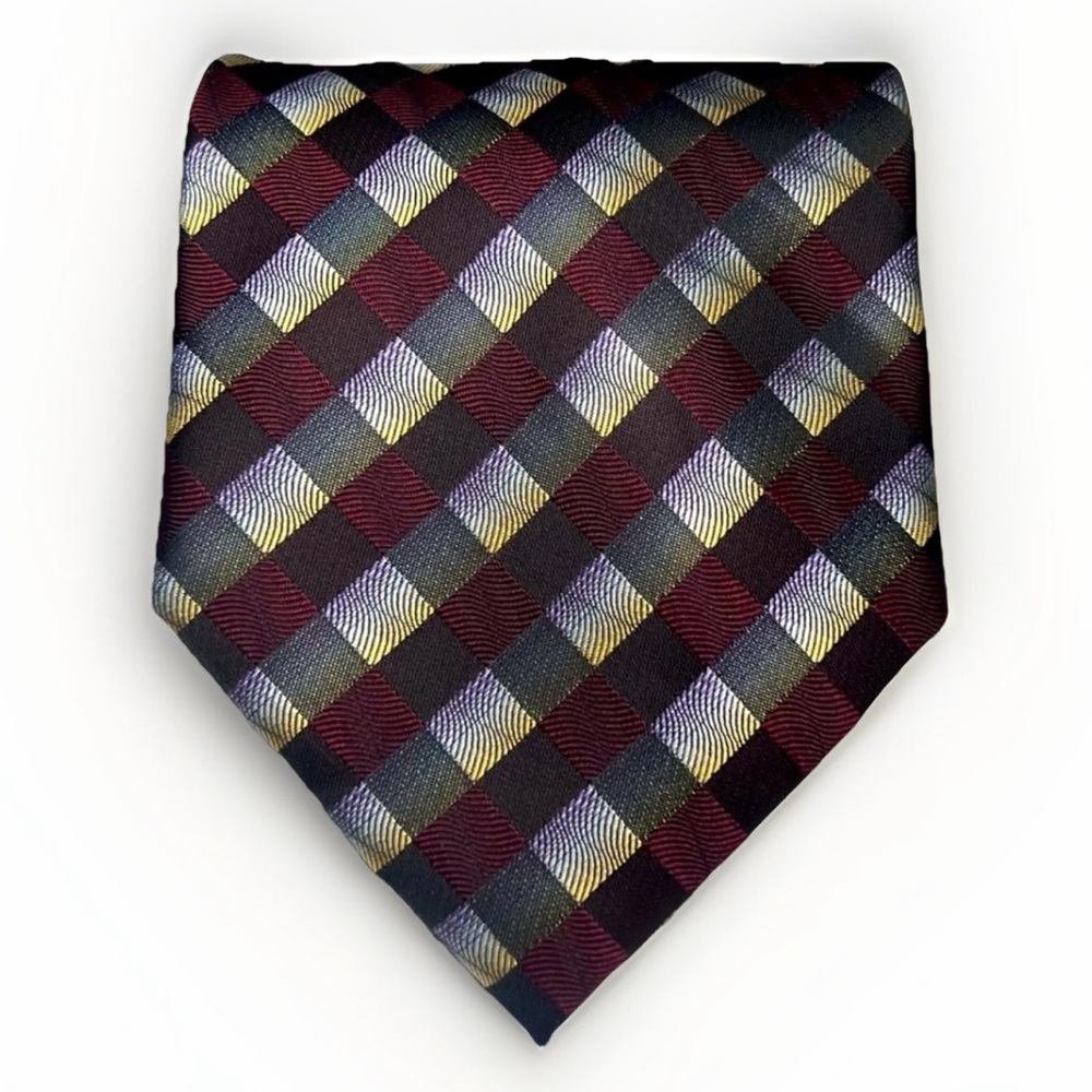 Alexander Julian Handmade Men’s Designer Tie Burgundy Gray Checkered Necktie‎
